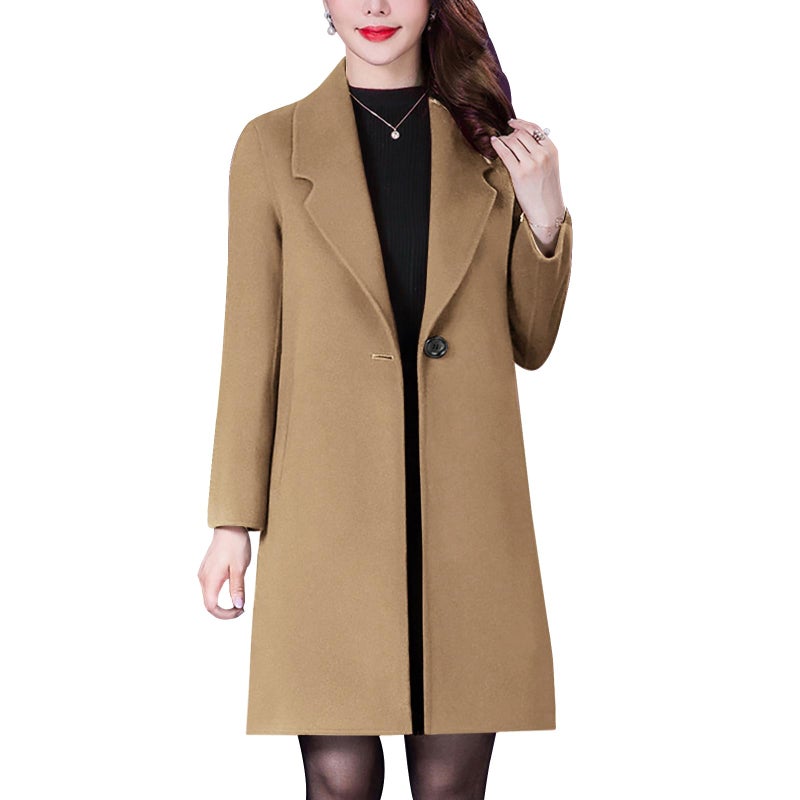Aprsfn Women's Winter Wool Coats Long Sleeve One Buttoned Pea Coats Notched Lapel Jackets Mid-Length Windproof Overcoat-Camel-L - Image 1
